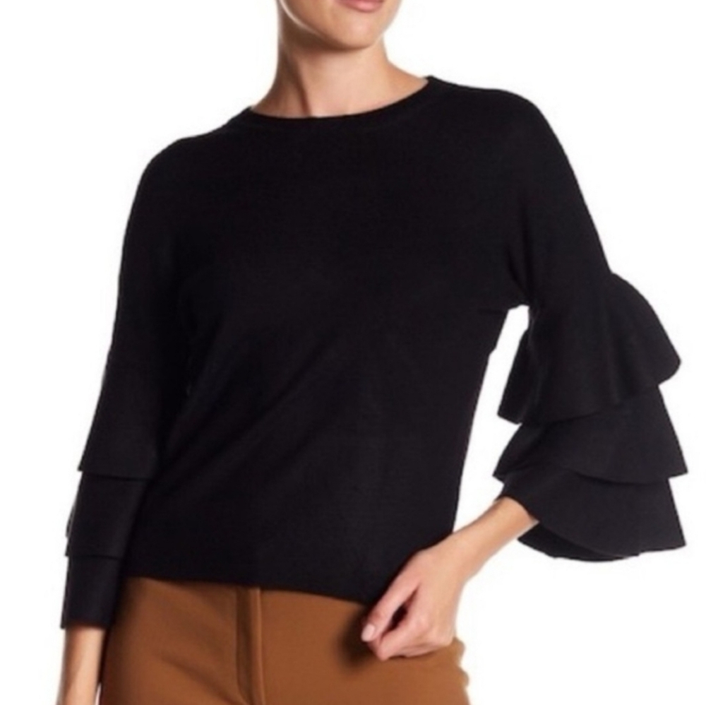 HALOGEN WEEKEND BLACK RIBBED SWEATER WITH TIERED RUFFLE SLEEVES SIZE MEDIUM